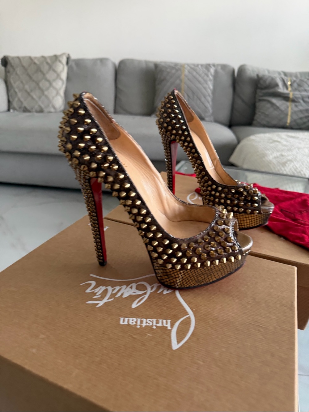 Christian Louboutin Gold and Black Spiked Peep-Toe Pumps 6.5